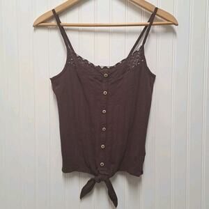 Mudd Y2K Cropped Cami Top Womens Small S Burgundy Knit Button Front Tie Knot EUC